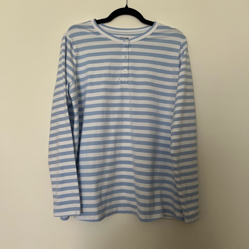 Lands’ End kids pajama top Blue White Striped Long Sleeve shirt L/T 14-16